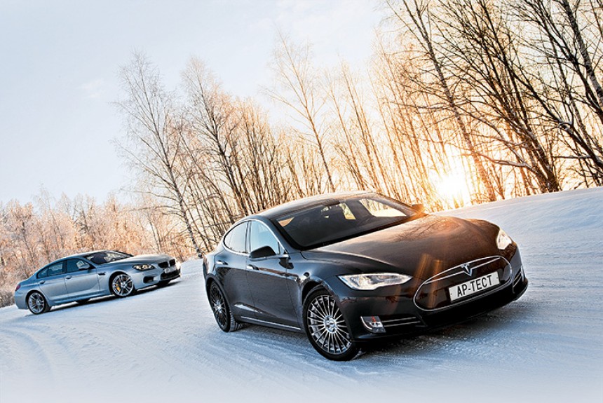 Американский электромобиль Tesla Model S против русской зимы и BMW M6 Gran Coupe
