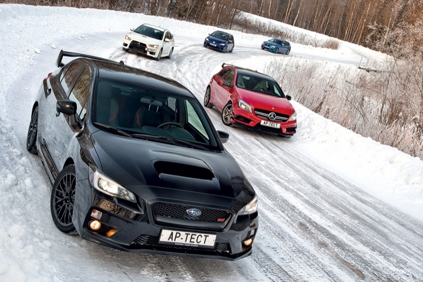 Mitsubishi Lancer Evolution X, Subaru WRX STI, BMW M135i xDrive, Mercedes A 45 AMG или Volkswagen Golf R?