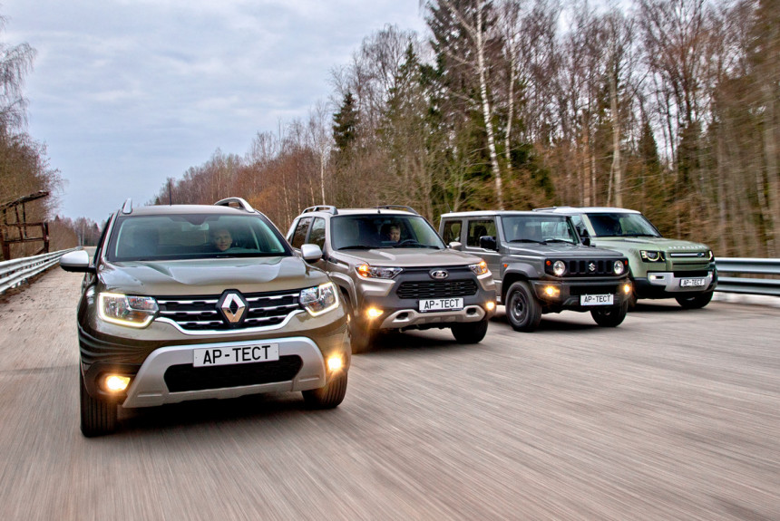 Стороны внедорожного света: Renault Duster, Лада Нива Travel, Suzuki Jimny и Land Rover Defender 90