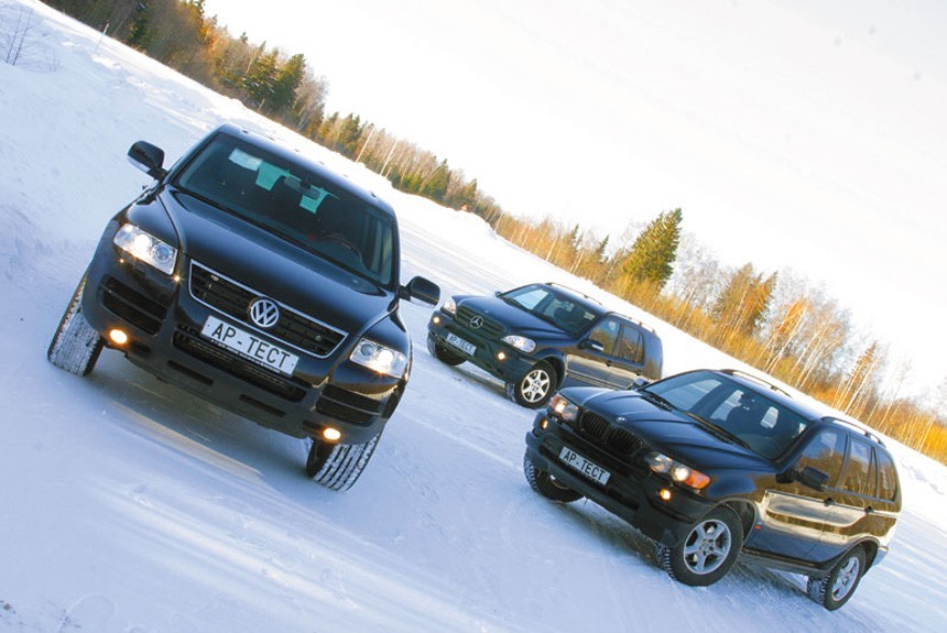 Холодный расчет: внедорожники Volkswagen Touareg, BMW X5 и Mercedes-Benz ML  			