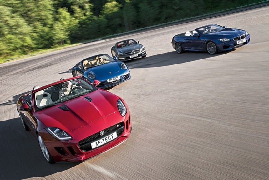 Jaguar F-Type против кабриолетов BMW M6, Mercedes SL 63 AMG и Porsche 911 Carrera 4S