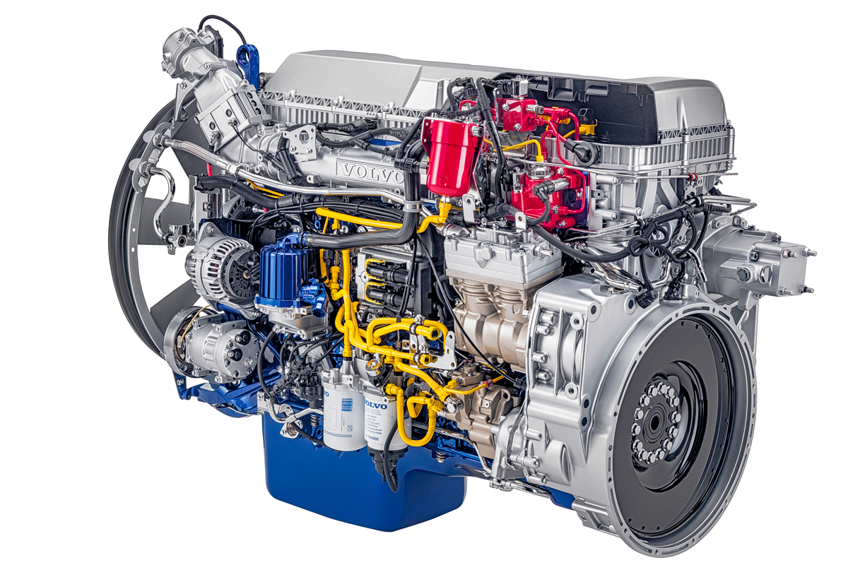 Газодизель Volvo G13C не что иное, как обычный дизель, приспособленный для подачи топлива двух видов: желтым выделены коммуникации для дизтоплива, красным — для газа. Мощность — 420 или 460 л.с.